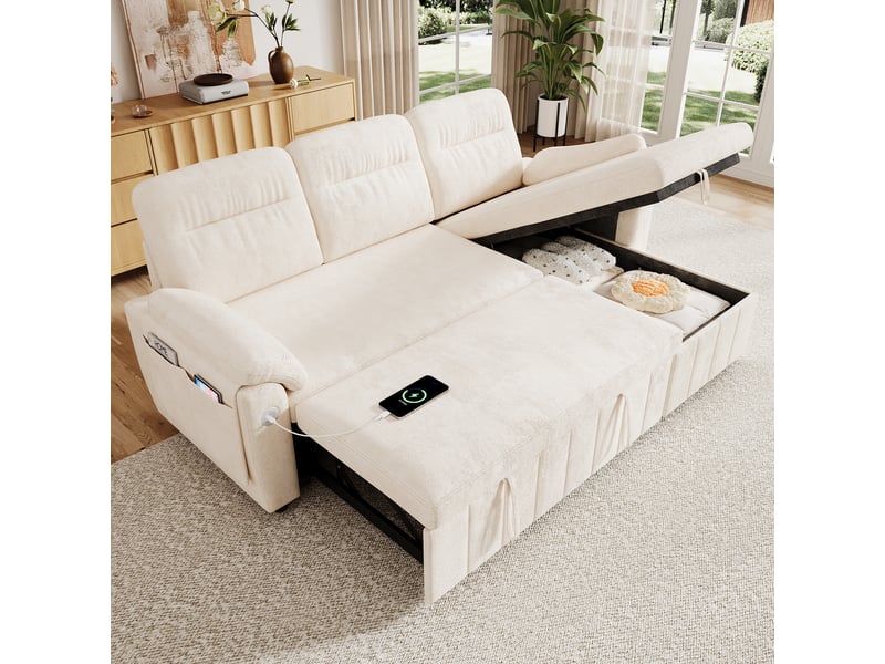  Canapé d'angle convertible 208x131x88cm avec méridienne réversible, couchage, coffre de rangement, usbtype-c, appuie-tête réglable, chenille-beige Bliss Lite - Conforama E