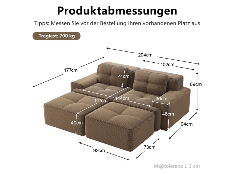  Canapé modulable 2 pl 204x177x69cm, canapé sous vide avec poufs, assise généreuse, pièce de salon, velours côtelé, marron  - Conforama C