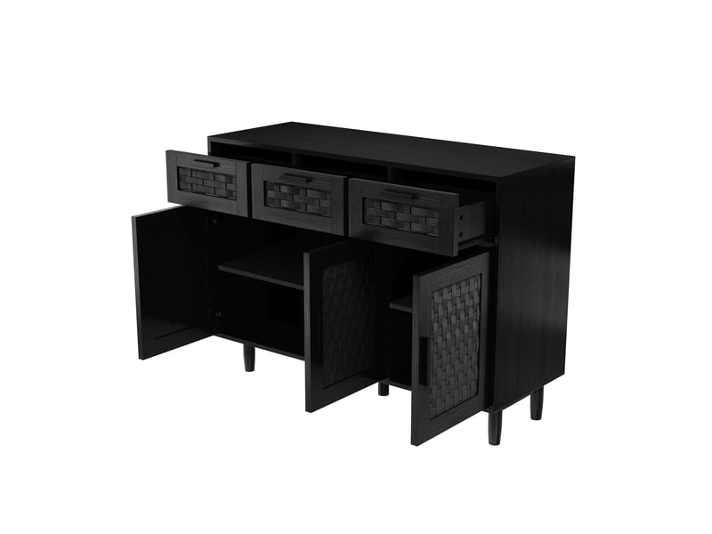  Commode 3 tiroirs et 3 porte, meuble de rangement avec conception anti-basculement et cadre en bois, commode en rotin buffet, 115x40x80 cm, noir  - Conforama W
