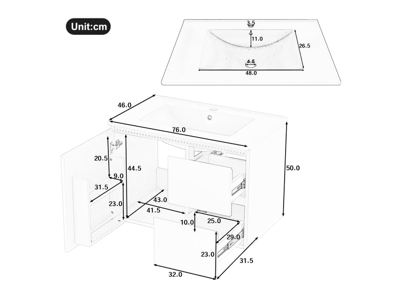 Meuble sous vasque mural avec 1 tiroir, 2 portes et éclairage led radar pour salle de bain, mdf blanc 76×46×50 cm - Conforama D