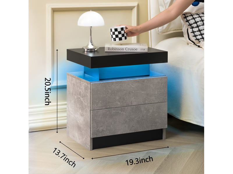  Table de chevet led moderne – 2 tiroirs et rangement ouvert – gris – 50 × 53 × 36 cm  - Conforama D