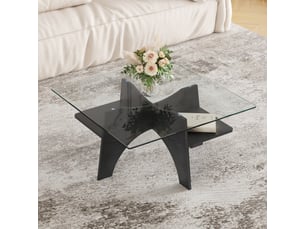 Table basse carrée avec plateau en verre et étagère, structure géométrique, en mdf et verre, noir - uvrion