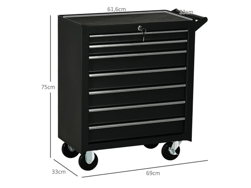  Servante d'atelier 69 x 33 x 75 cm noire en acier, 7 tiroirs verrouillables sur roulettes avec poignée  - Conforama C