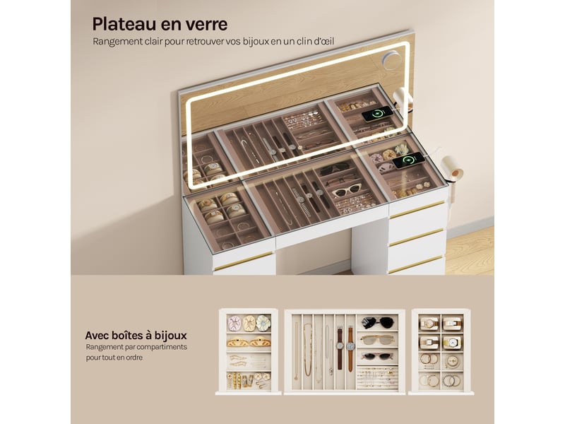  Coiffeuse avec miroir led, 11 tiroirs, station de charge, plateau en verre，112x40x133 cm，blanc+doré  - Conforama W