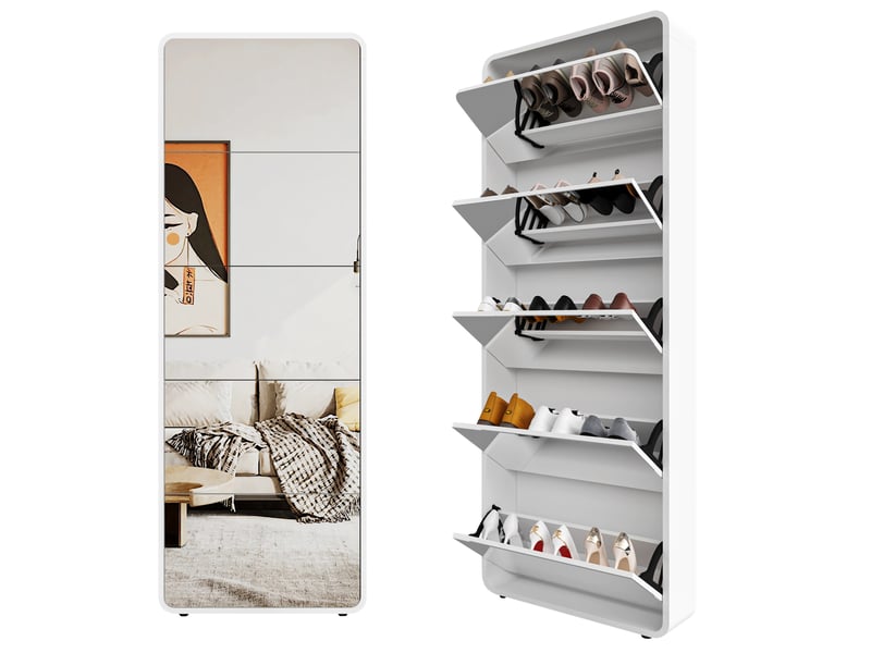  Meuble à chaussures miroir ulevr 5 abattants, rangement 15 paires, 63 x 19,6 x 176,2 cm, mdf blanc  - Conforama A