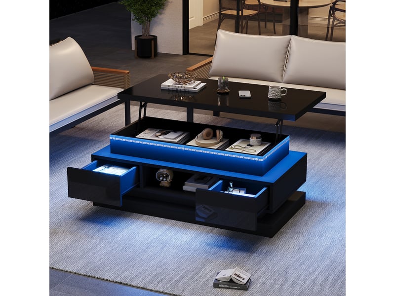  Table basse relevable noire avec led et 2 tiroirs - rangement caché 100x50x40 cm  - Conforama R