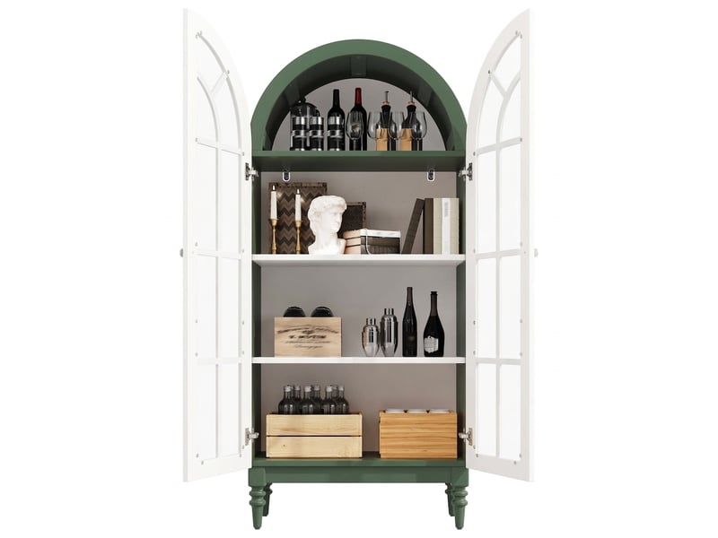  Buffet de cuisine vitrine vert 165 cm avec portes en verre strié et 3 étagères, design arqué  - Conforama A