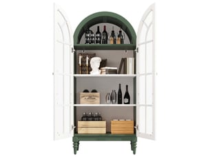 Buffet de cuisine vitrine vert 165 cm avec portes en verre strié et 3 étagères, design arqué