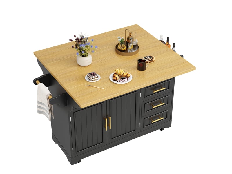  Desserte 2 portes 3 tiroirs - îlot de cuisine mobile avec plateau rabattable 143x40x95 cm en mdf noir  - Conforama E