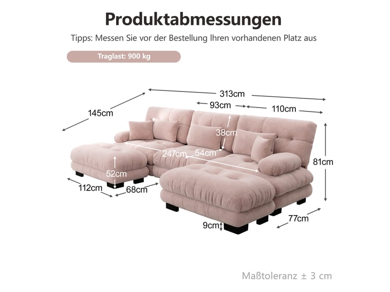  Canapé modulable d'angle u 313x145x81 cm, convertible et pouf, 3 places, chenille, rose  - Conforama C