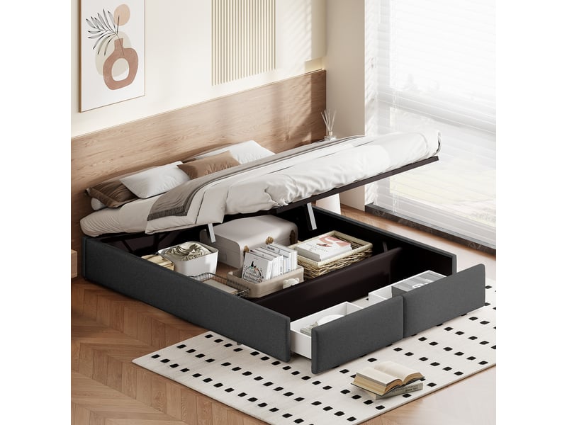 Lit 160 x 200 cm rembourré avec coffre de rangement et 2 tiroirs, lit double hydraulique sans tête de lit, revêtement en lin, gris, sans matelas - Conforama E