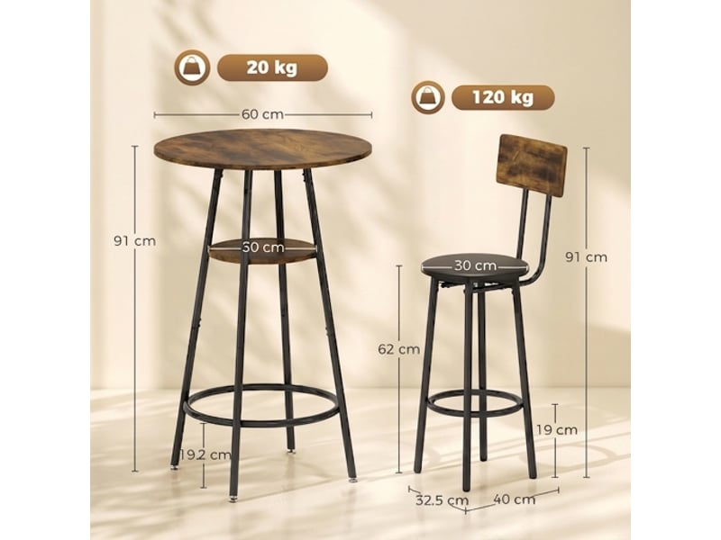  Ensemble table de bar 60x60x91 cm et 2 tabourets avec dossier, style industriel marron  - Conforama C