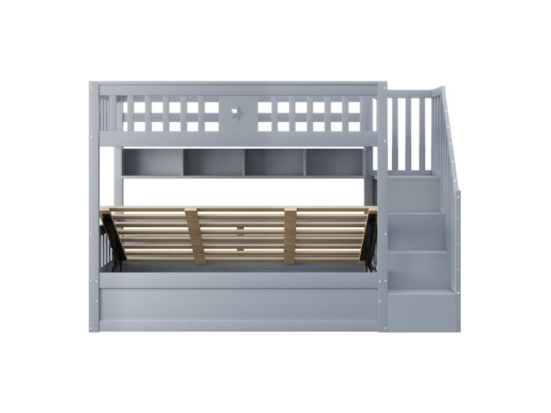 Lit superposé enfant 90x200 cm – gris – rangement hydraulique, escalier, étagères, sans matelas - Conforama D