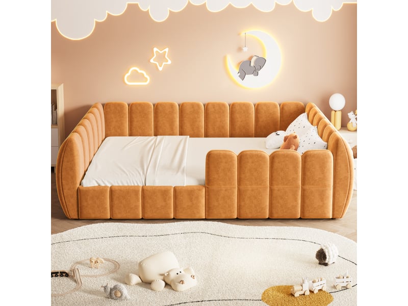  Lit enfant 2 places au sol 140×200 cm rembourré, bords arrondis - okmyhome- velours orange pour enfant, sans matelas  - Conforama C