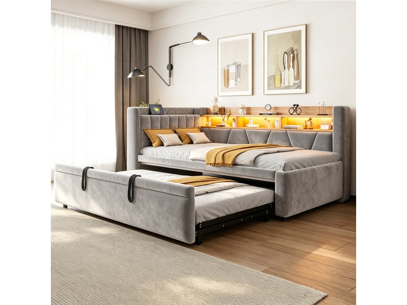 Lit gigogne 90x200 cm en velours avec led, usb et rangement, canapé-lit 3-en-1 extensible en 180x200 cm, lit enfant et adolescent moderne, gris - Conforama C