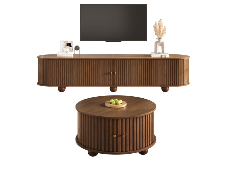 Ensemble salon meuble tv 180x35x45 cm et table basse ronde 72x72x38 cm avec portes coulissantes, rangements en mdf noyer BUYDEEMEUS - Conforama A