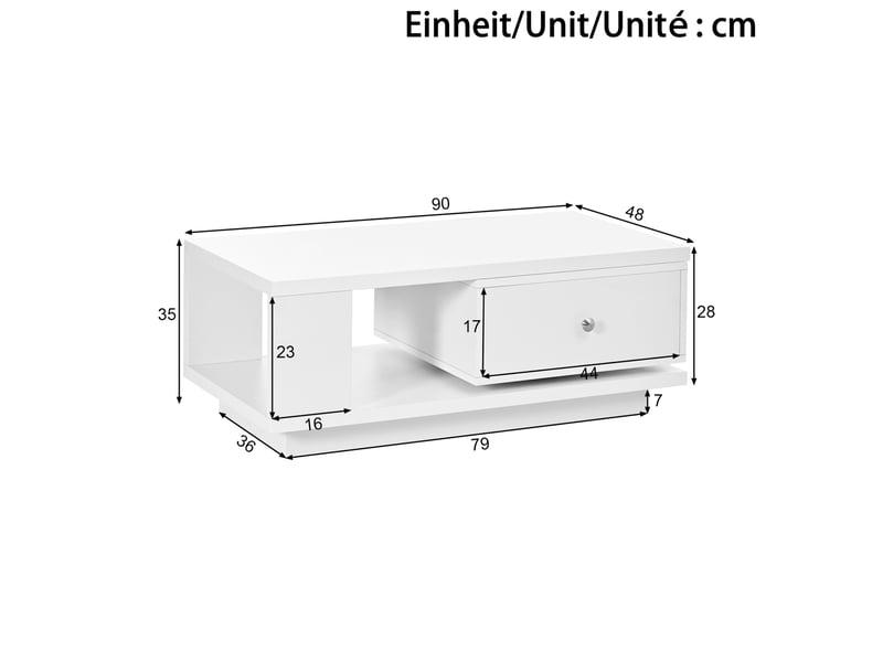  Table basse 90 x 48 cm – blanche brillante – tiroir pivotant, niche ouverte et poignée ronde en métal  - Conforama C