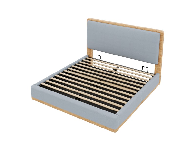 Lit coffre rembourré 180x200 cm - rangement coffre - tête de lit rembourrée et sommier à lattes - mdf - gris+naturel (sans matelas) - Conforama W