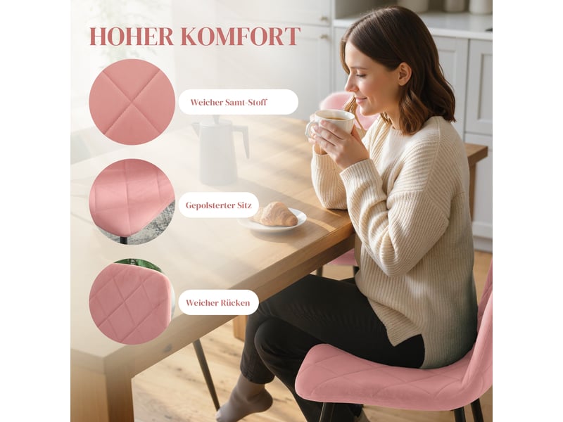  Lot de 4 chaises de salle à manger tissu aspect velours rose 45 x 54 x 87 cm  - Conforama D