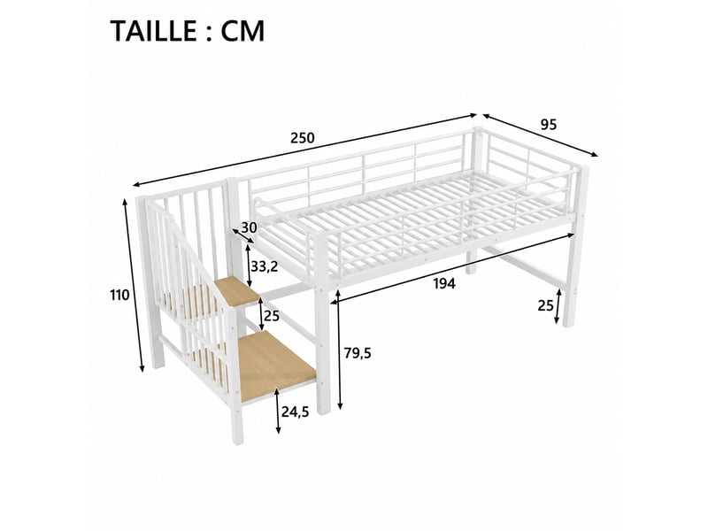 Lit mi-hauteur enfant 90 x 200 cm avec escalier de rangement, métal et mdf, blanc, sommier à 24 lattes inclus - Conforama C