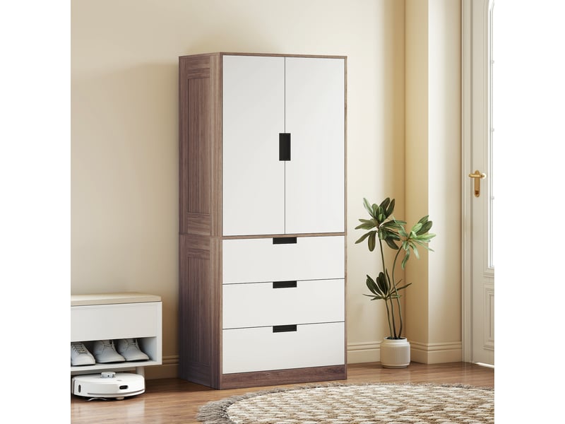  Armoire à deux portes, armoire moderne avec 3 tiroirs et tringle à vêtements pour la chambre, marron  - Conforama D