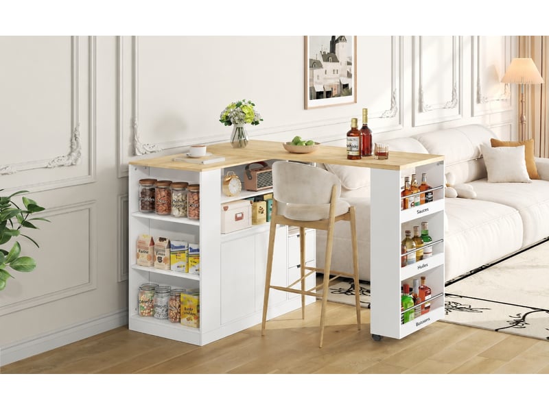  Îlot de cuisine avec plateau extensible, rangement et 2 tiroirs, 115 cm, blanc et bois naturel  - Conforama B