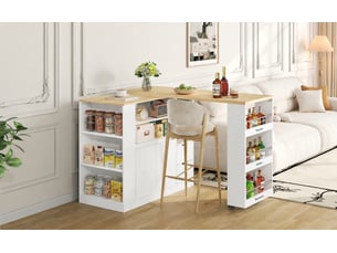 Îlot de cuisine avec plateau extensible, rangement et 2 tiroirs, 115 cm, blanc et bois naturel