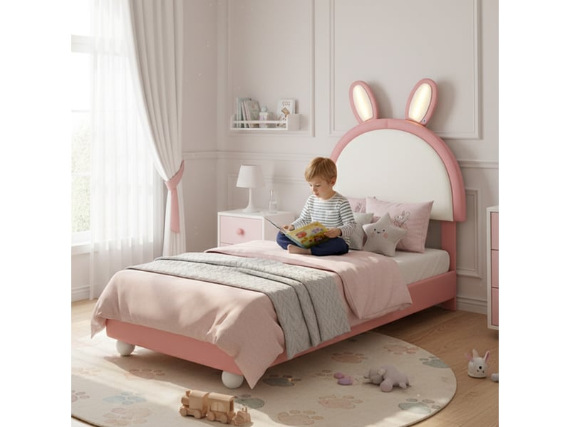  Lit enfant 90x200 cm rose et blanc, tête de lapin, structure robuste, mousse anti-choc, sommier inclus  - Conforama E