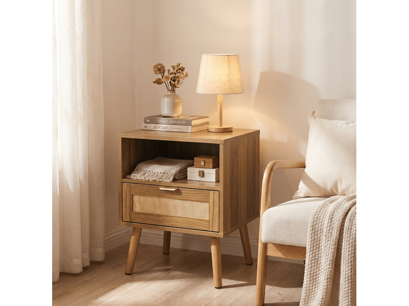  Table de chevet avec 1 tiroir et niche ouverte, façade en rotin, style bohème, pour chambre, noyer, 45 × 40 × 55 cm  - Conforama C