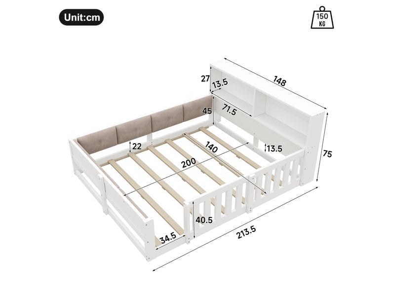  Lit 2 places enfant 140x200 cm avec barrières, rangements et led blanc naturel  - Conforama C