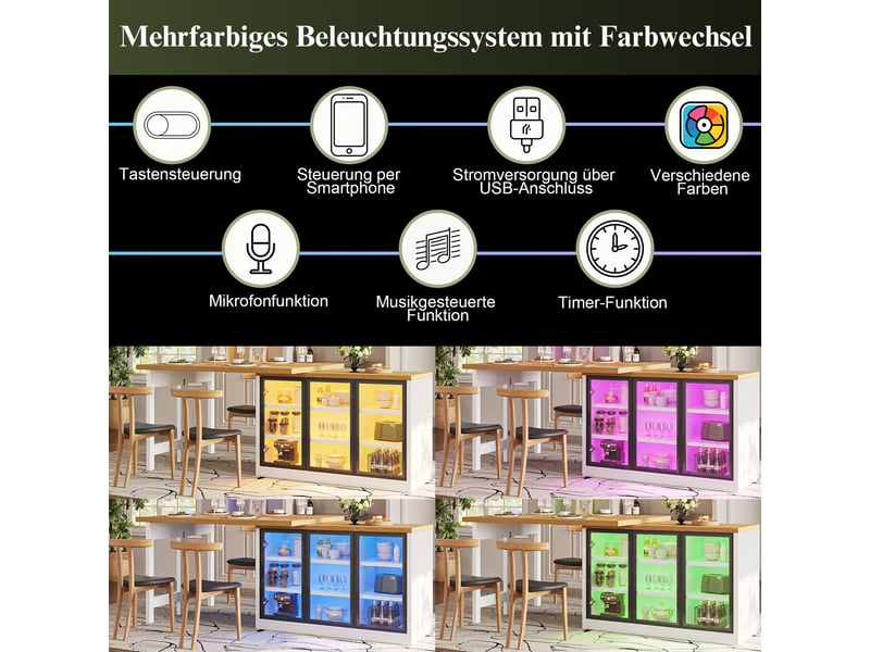  Table de salle à manger extensible pivotante avec meuble latéral, éclairage multicolore, de cuisine, 120 × 40 × 72 cm  - Conforama E