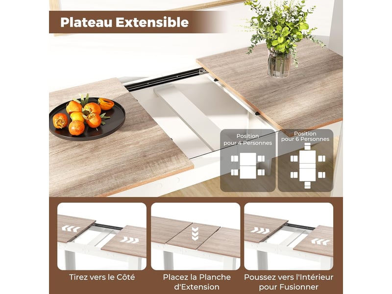 Table extensible salle à manger 120-158 cm en bois pour 6 pers, pieds en forme de l (blanc et naturel)  - Conforama C
