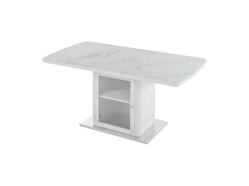 Table à manger extensible 120-160 x 80 cm avec meuble de rangement intégré, plateau mdf effet marbre blanc, porte vitrée et base métal - Conforama A