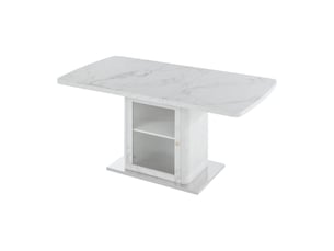 Table à manger extensible 120-160 x 80 cm avec meuble de rangement intégré, plateau mdf effet marbre blanc, porte vitrée et base métal