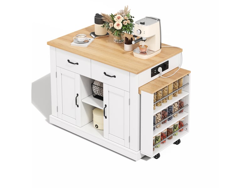 Desserte îlot de cuisine avec table extensible 132(235)x70x90 cm, mdf blanc, prises+usb - Conforama D
