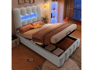 Lit coffre simple 90 x 200 cm avec tête de lit réglable, lit rembourré avec éclairage led et ouverture hydraulique, velours, gris