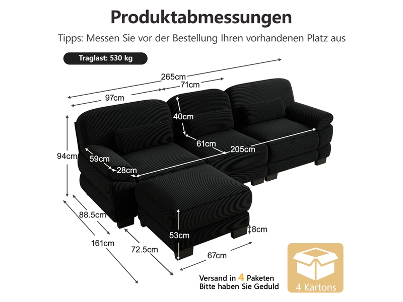 Canapé d'angle modulable 3 places en velours côtelé noir avec pouf assorti, assise profonde et coussins lombaires, pour salon - Conforama B