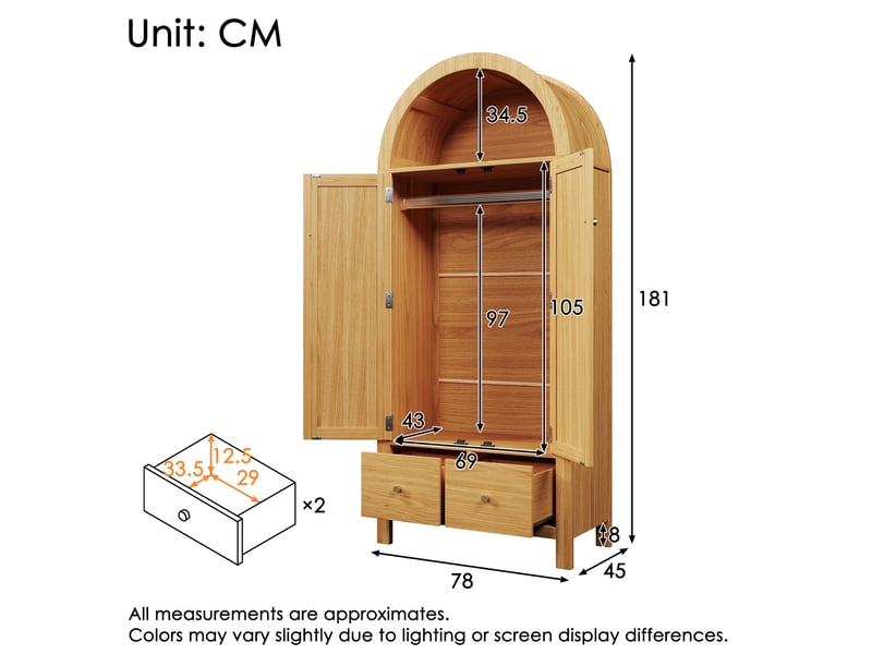  Armoire 181x78x45 cm effet chêne – style campagne – 2 portes, 2 tiroirs, penderie et rangement ouvert  - Conforama C