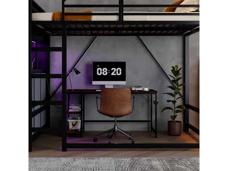  Lit mezzanine 1 place 120×200 cm avec rangements, éclairage et charge usb - okmyhome- noir et gris, sans matelas  - Conforama C