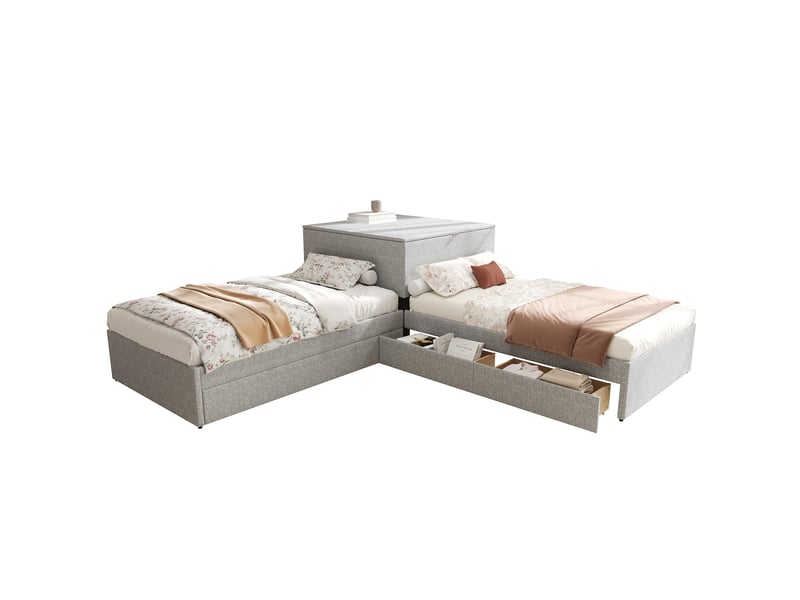  Lit d'angle 90x200 cm en lin gris avec lit gigogne 3 places et tiroirs de rangement  - Conforama R