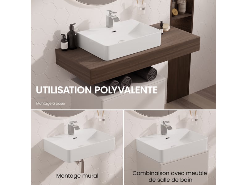 Cecipa max lavabo 59 x 43 cm - céramique - rectangulaire - avec bonde pop-up - avec espace de pose - pose sur plan ou fixation murale - blanc - Conforama C