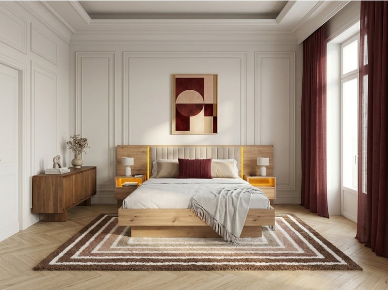 Bobochic lit coffre avec leds riad et chevets intégrés beige 160x200 RIAD - Conforama B