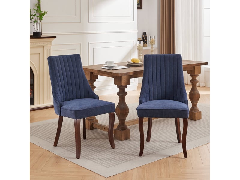 Lot de 2 chaises de salle à manger en chenille bleu avec pieds en bois d'hévéa - Conforama B