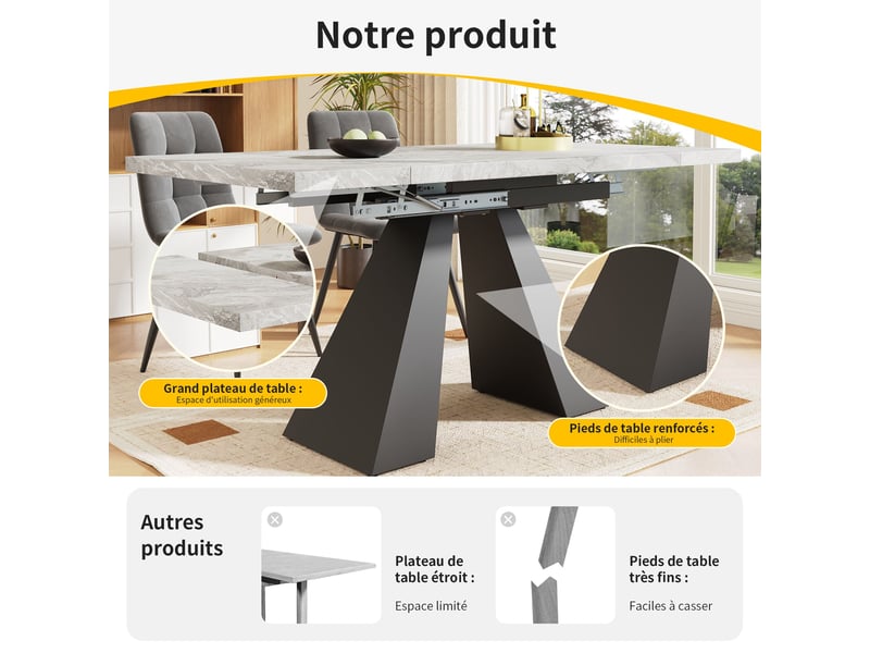 Table à manger extensible noir et gris, rangement, effet marbre, design moderne, confort, solide - mdf et métal - 159x74x77cm - Conforama D