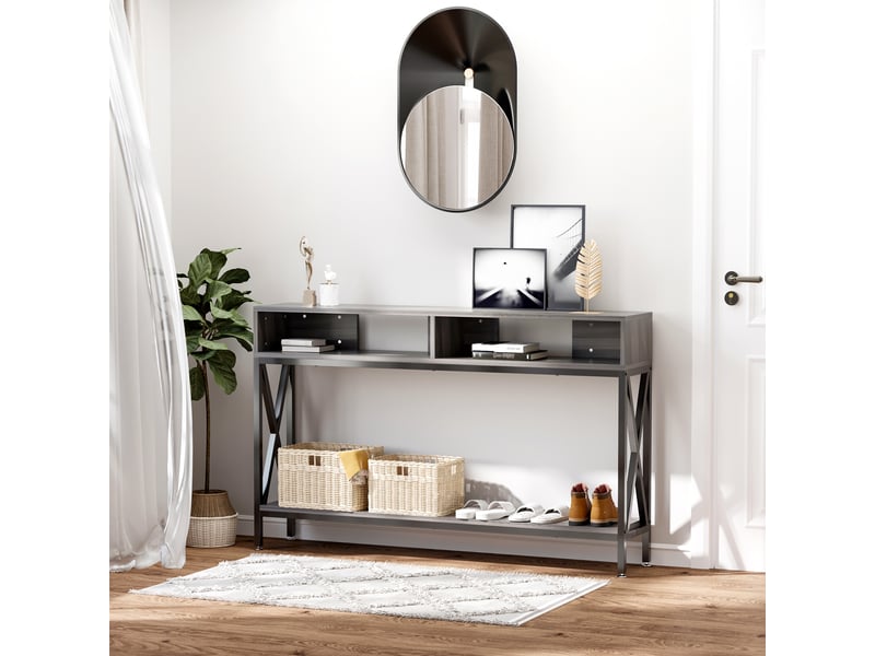 Table console table d'entrée industriel multi-rangements 120 x 23,5 x 75 cm gris bois  - Conforama D