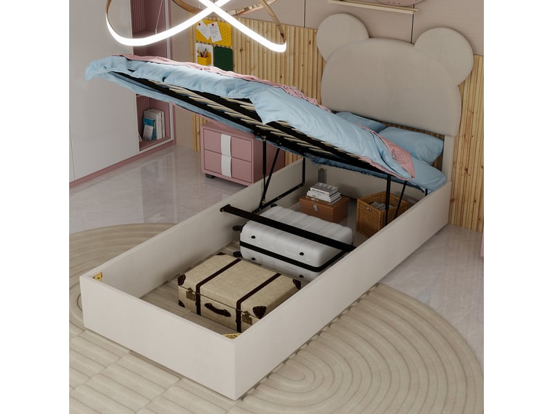  Lit enfant 90x200 cm coffre avec tête cartoon, métal, beige, sans matelas  - Conforama R
