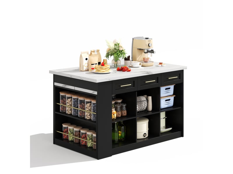 Îlot de cuisine multifonction 150x90x90 cm avec table coulissante, mdf, noir et blanc - Conforama A