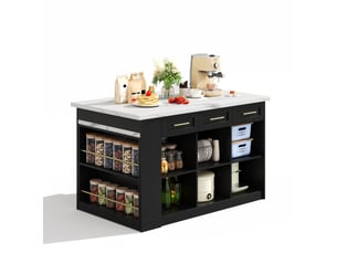 Îlot de cuisine 150x90x90 cm avec table extensible et rangements, mdf, noir et blanc