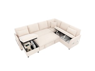 Canapé d'angle convertible 6 places 255x196x85 cm canapé-lit avec rangement, méridienne réversible, usb type-c, en tissu effet lin - beige