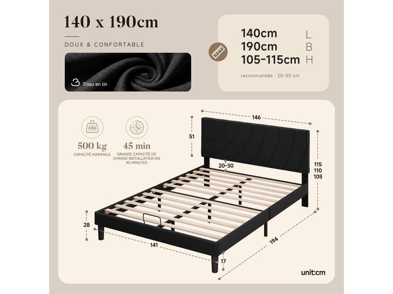  Lit 140 x 190 avec sommier à lattes, cadre de lit rembourré avec tête de lit réglable, pieds antidérapants, lit double, noir  - Conforama E